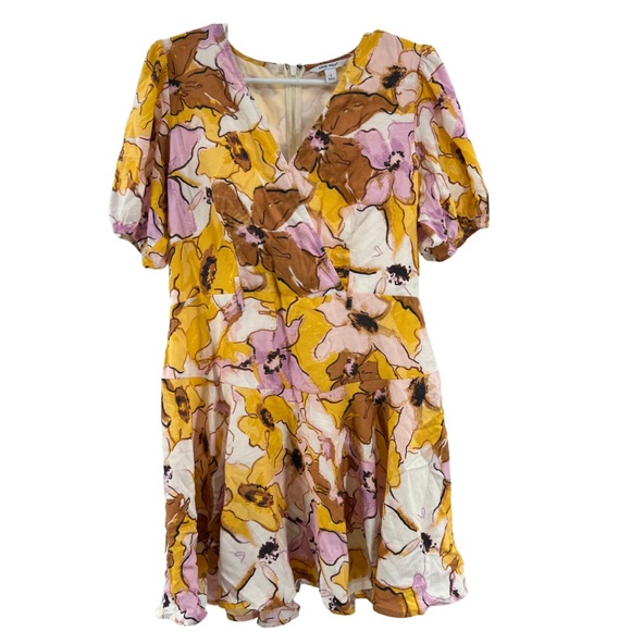 Nine West v-neck L golden yellow puff sleeve above the knee dress lined floral - Picture 1 of 11